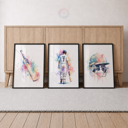 Personalised Cricket Wall Art Prints – Set of 3 Watercolour Bat, Player & Helmet Prints