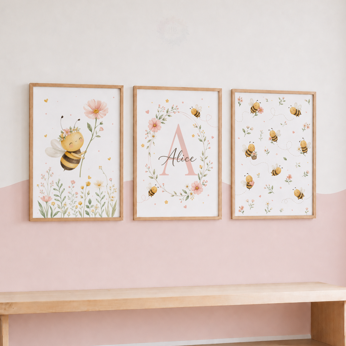 Personalised Pink Bee Nursery Prints – Set of 3 Floral Bumblebee Wall Art