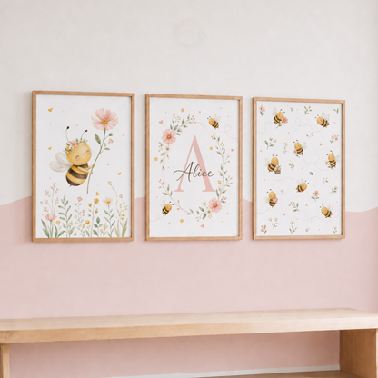 Personalised Pink Bee Nursery Prints – Set of 3 Floral Bumblebee Wall Art