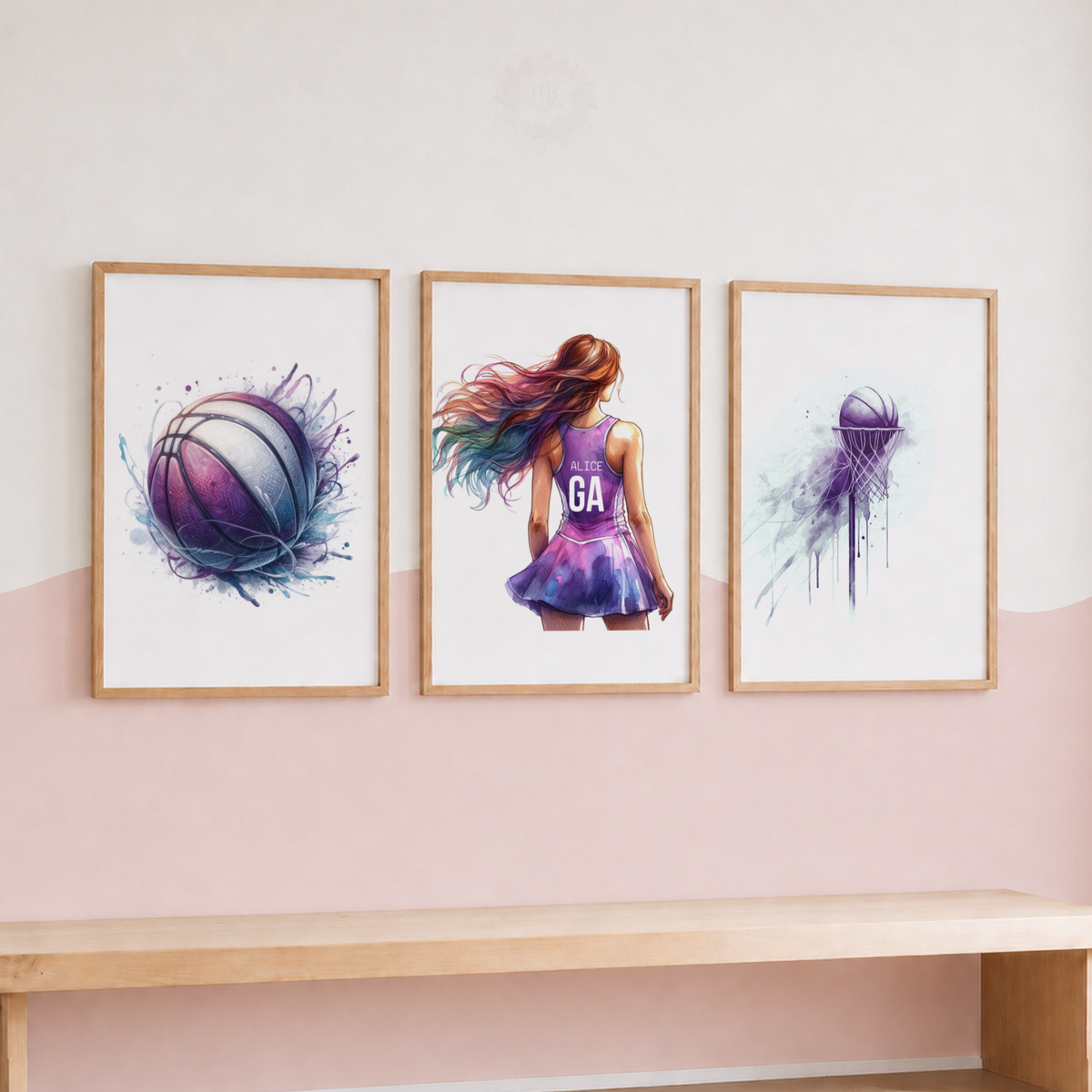 Girls Netball Wall Art Set – Purple Watercolour Netball Player Prints