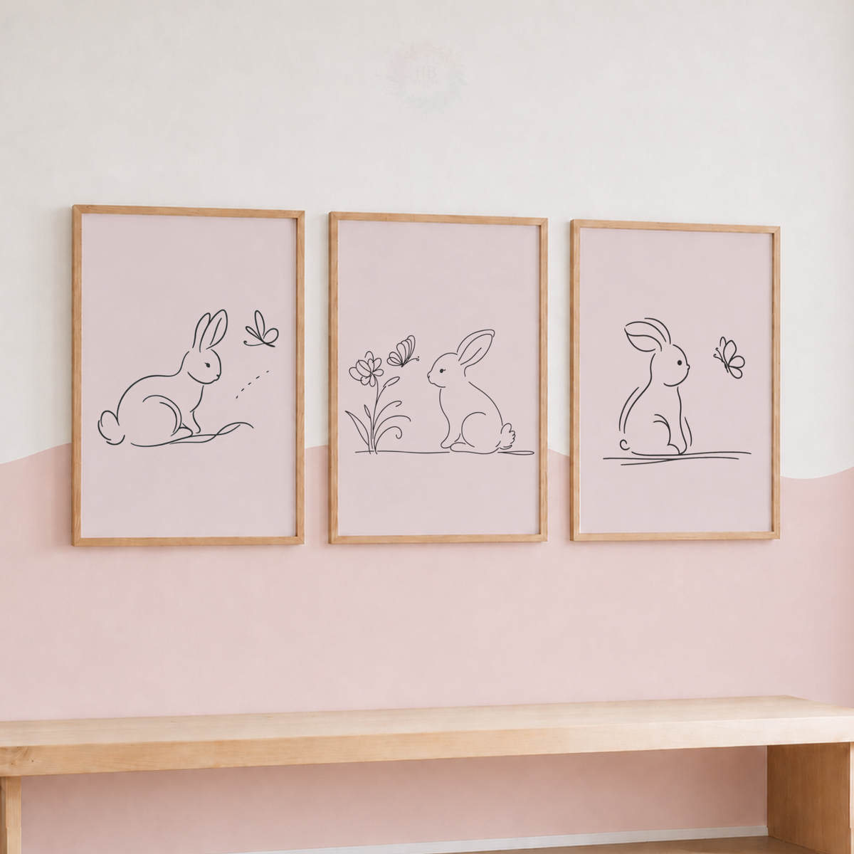 Minimalist Bunny Wall Art Set – Pink Rabbit Line Art Nursery Prints