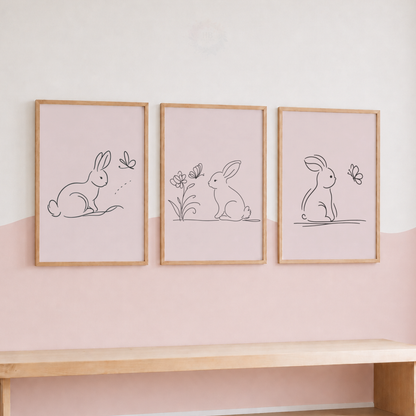 Minimalist Bunny Wall Art Set – Pink Rabbit Line Art Nursery Prints