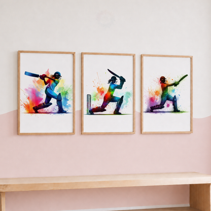 Girls Cricket Wall Art Set – Colourful Watercolour Female Cricketer Prints