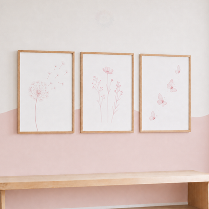 Pink Botanical Nursery Prints – Set of 3 Dandelion, Wildflower & Butterfly Wall Art