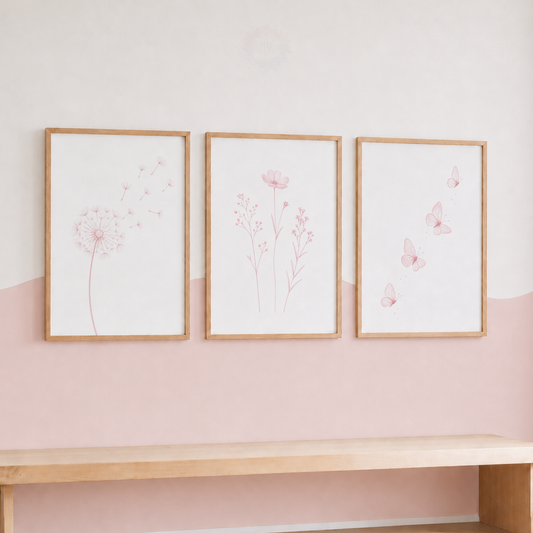 Pink Botanical Nursery Prints – Set of 3 Dandelion, Wildflower & Butterfly Wall Art