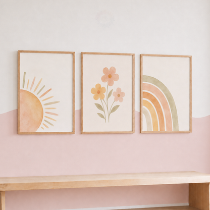 Boho Floral Nursery Prints – Set of 3 Sun, Flowers & Rainbow Wall Art