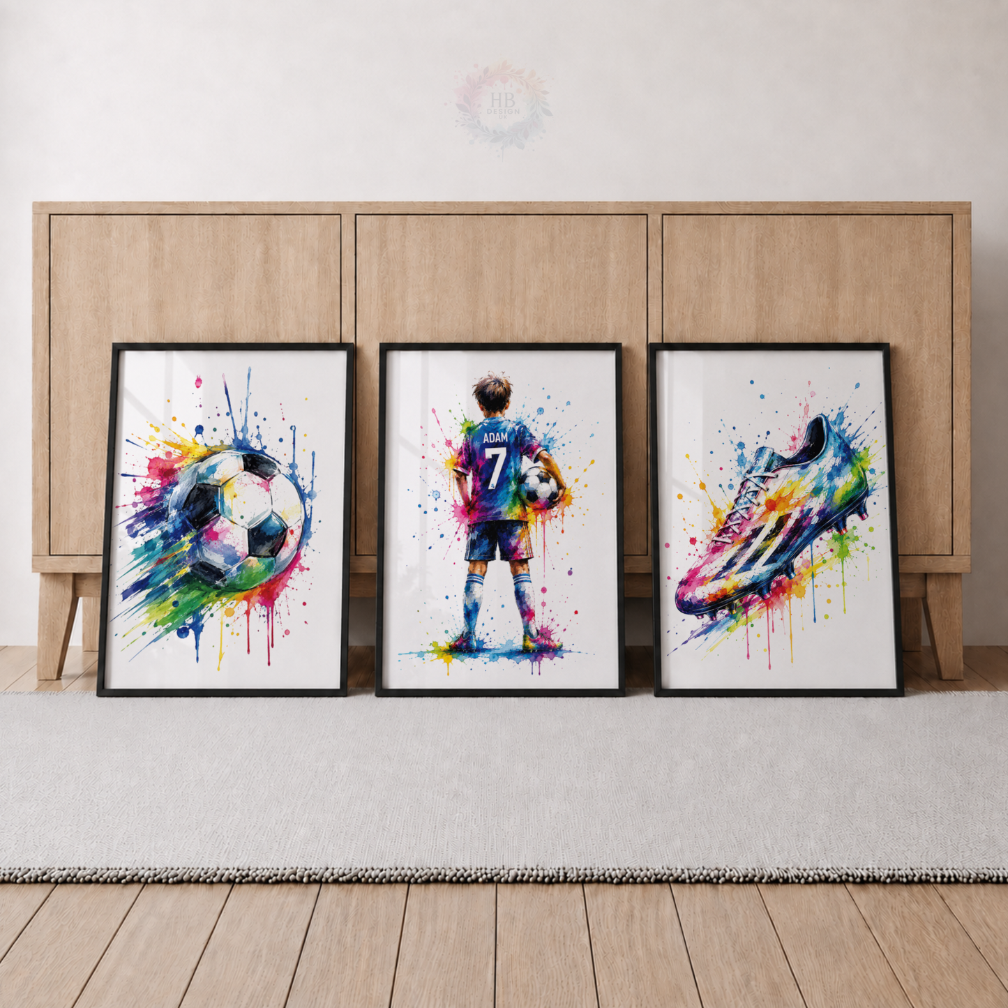 Personalised Colourful Football Wall Art Set – Name & Number Player Prints