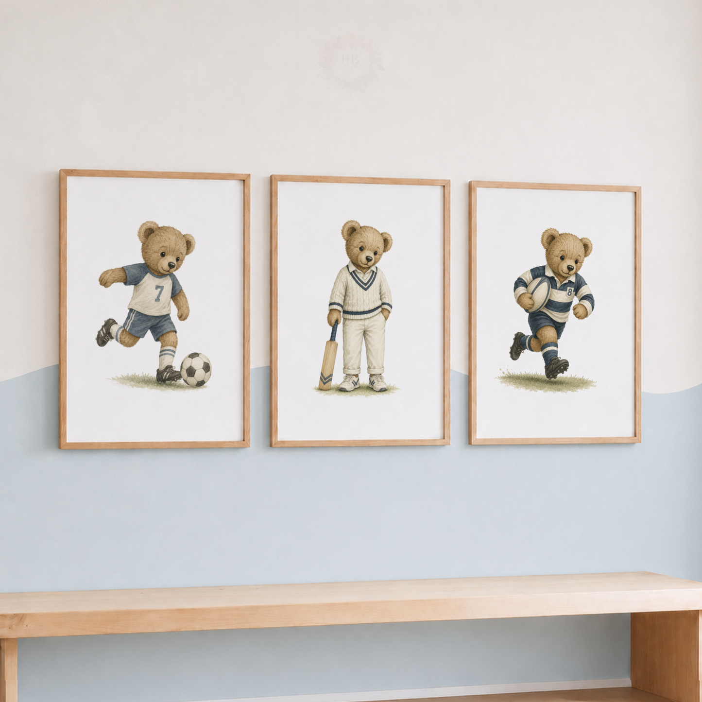 Teddy Bear Sports Wall Art Set – Football Cricket & Rugby Nursery Prints