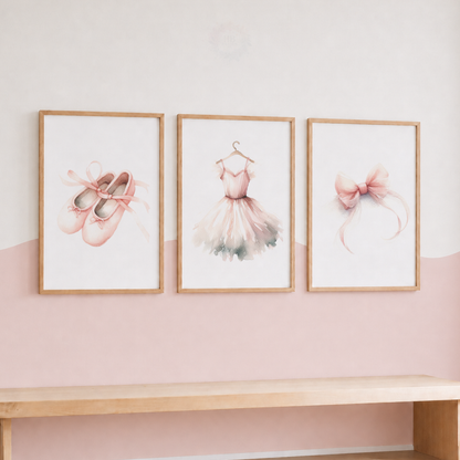 Ballet Wall Art Set – Pink Ballerina Shoes, Tutu Dress & Bow Prints