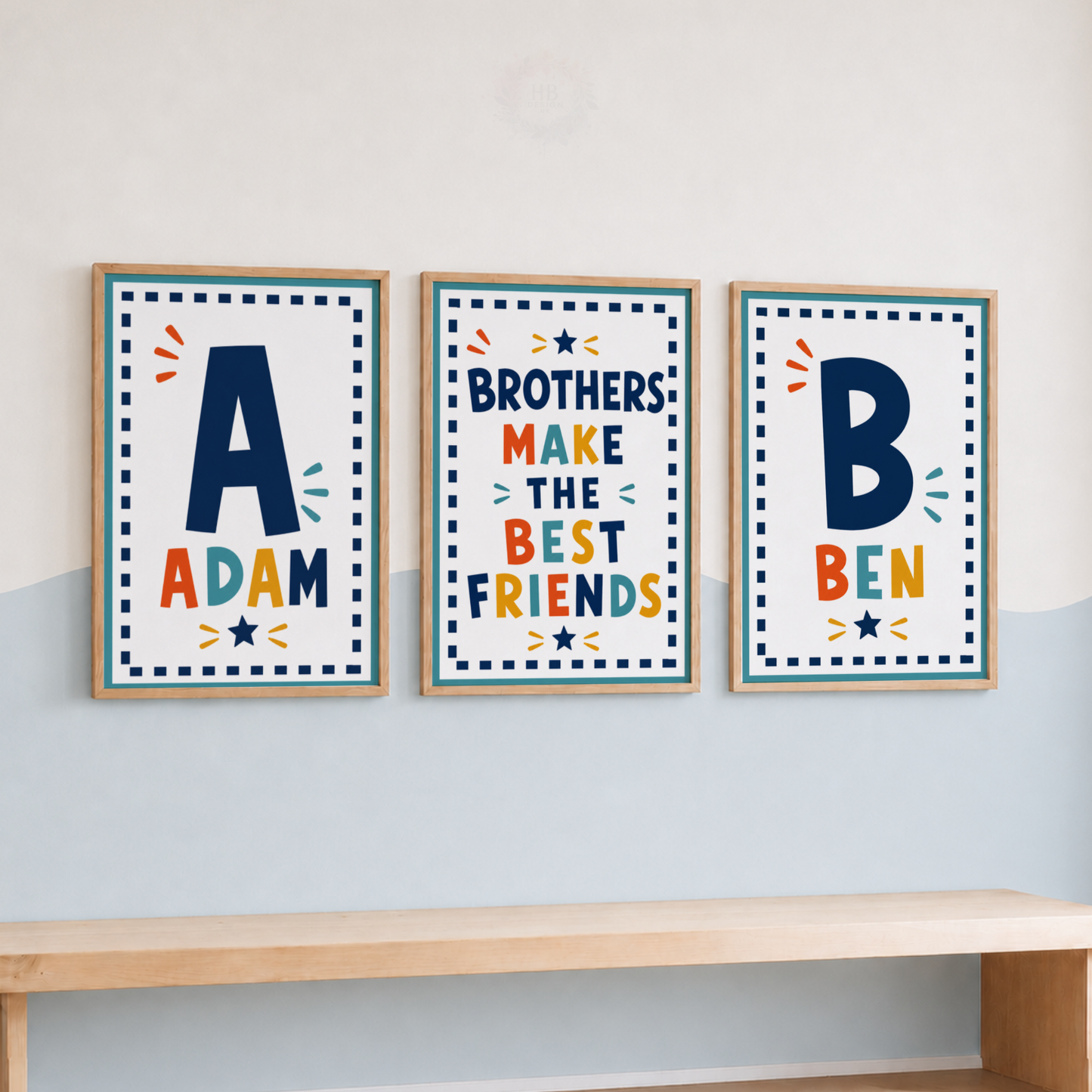 Personalised Brothers Initial Print Set – Colourful Boys Bedroom Wall Art
