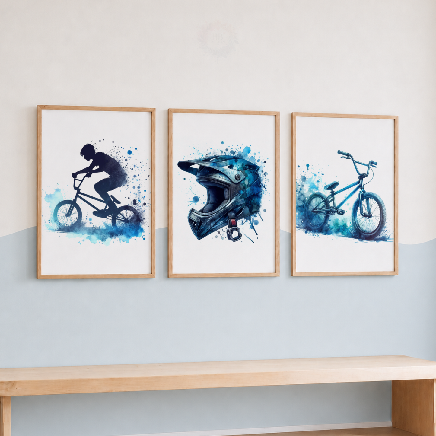BMX Wall Art Set – Blue Watercolour BMX Bike Prints for Boys’ Bedroom