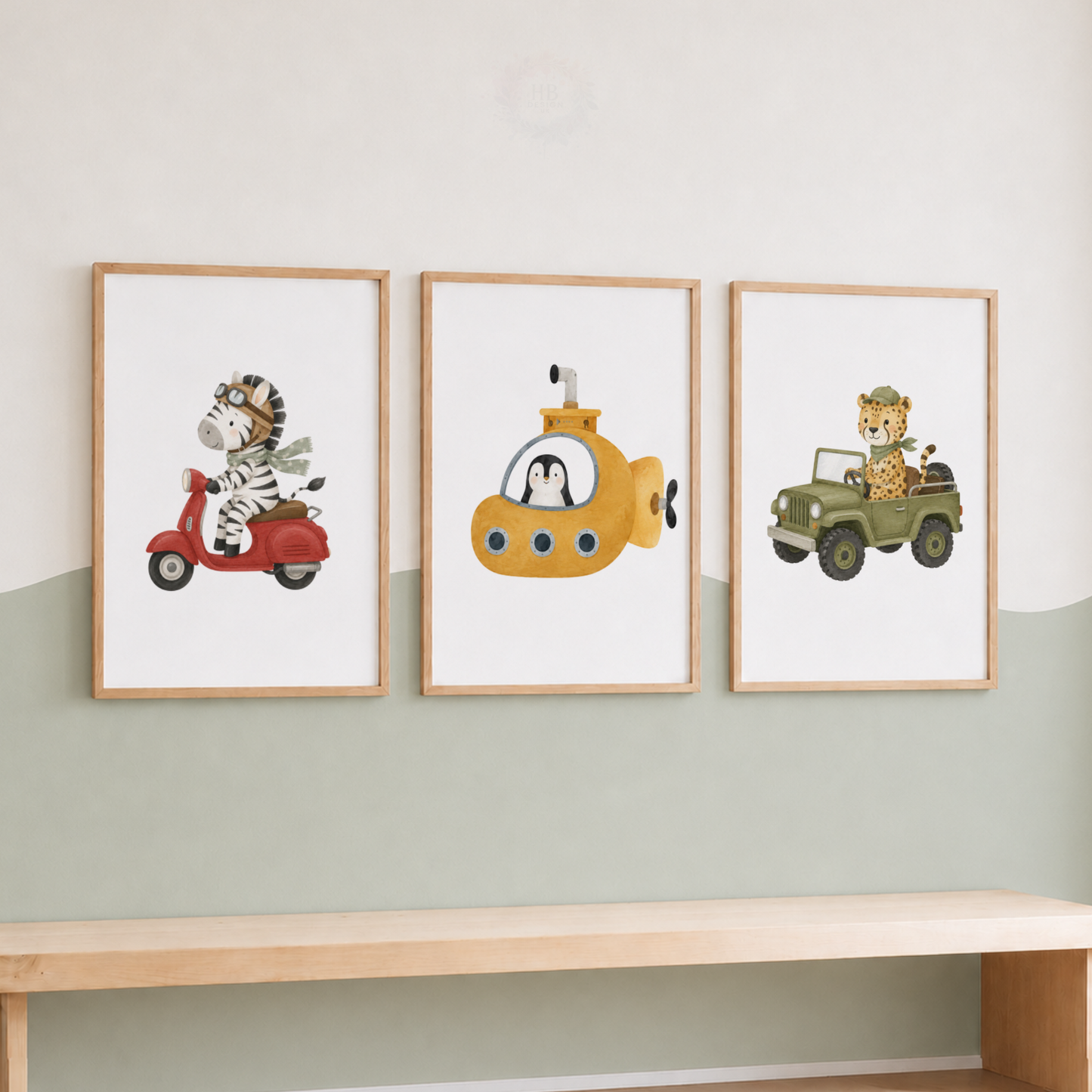 Safari Animal Transport Nursery Wall Art Set – Zebra Scooter, Penguin Submarine & Leopard Jeep Prints