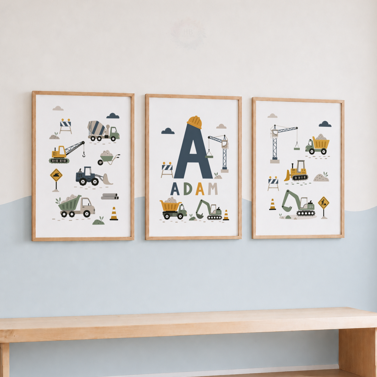 Personalised Construction Nursery Prints – Digger Truck & Crane Boys Wall Art Set