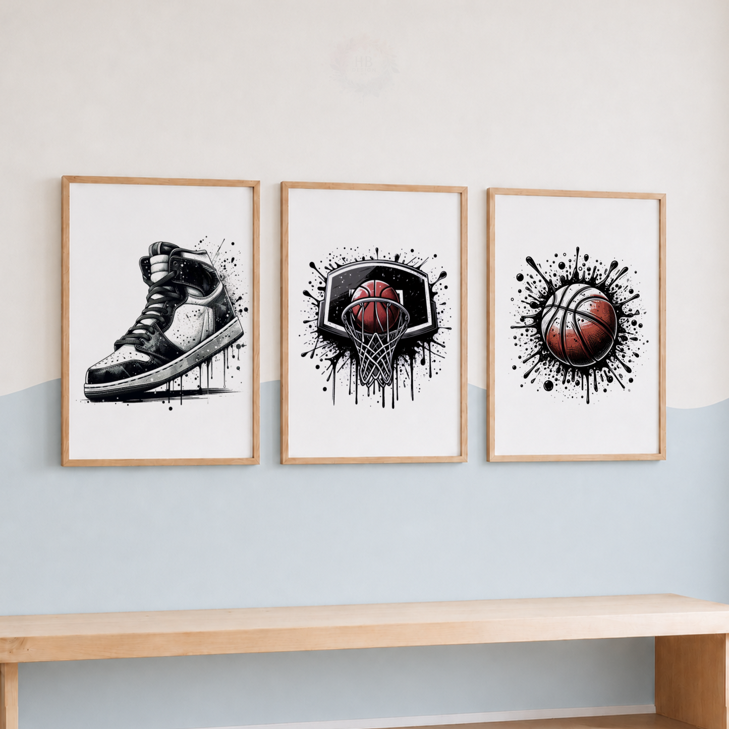 Basketball Wall Art Set – Basketball Shoe, Hoop & Ball Sports Prints