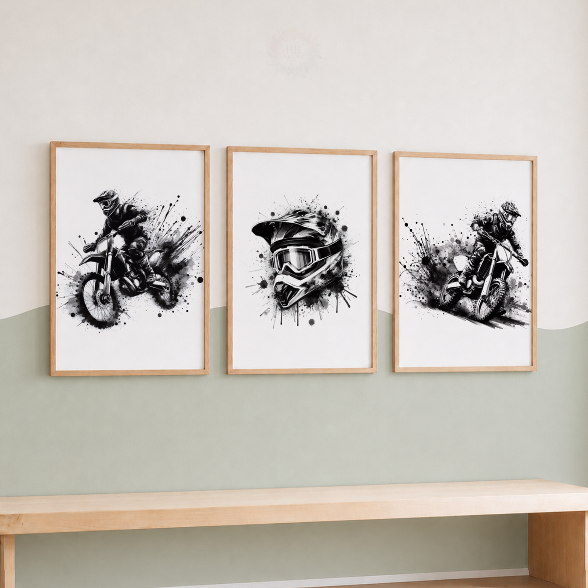 Motocross Watercolor Wall Art Set – Black & White Dirt Bike Rider Sports Prints