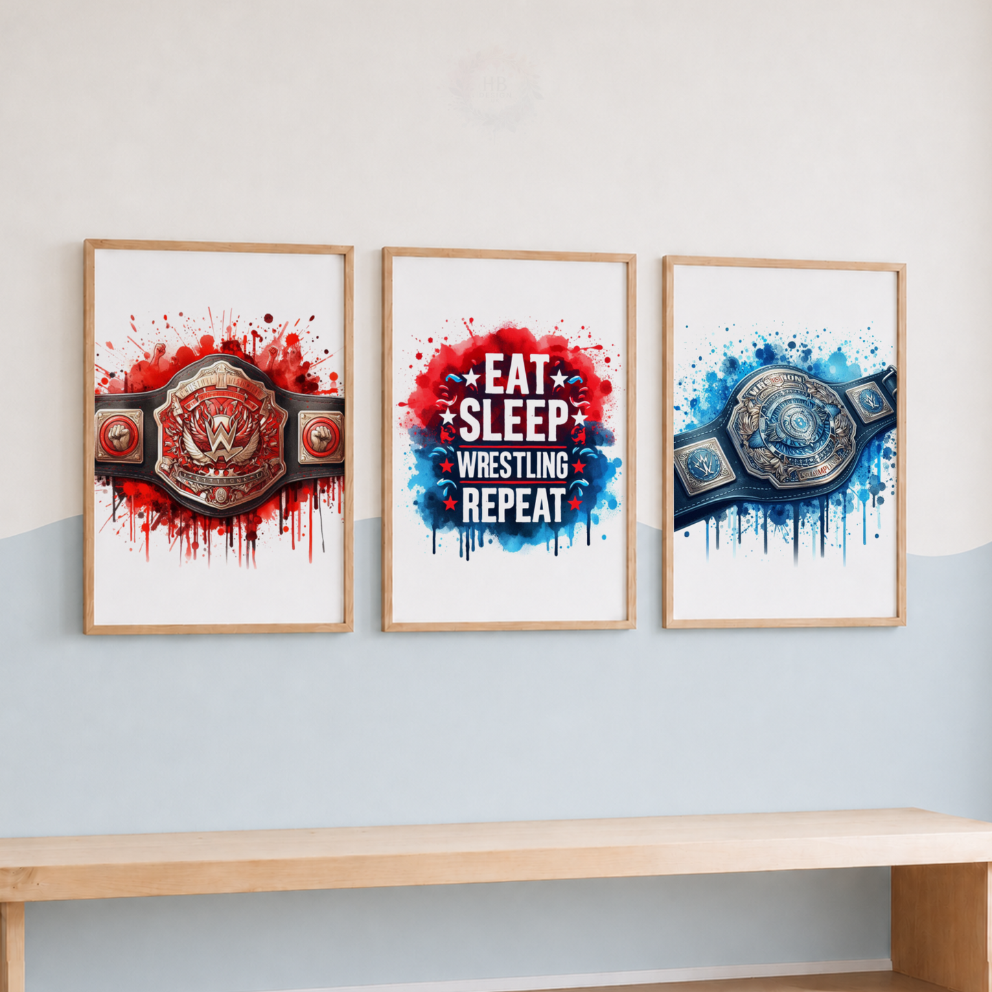 Wrestling Watercolor Wall Art Set – Championship Belts & Eat Sleep Wrestling Repeat Prints