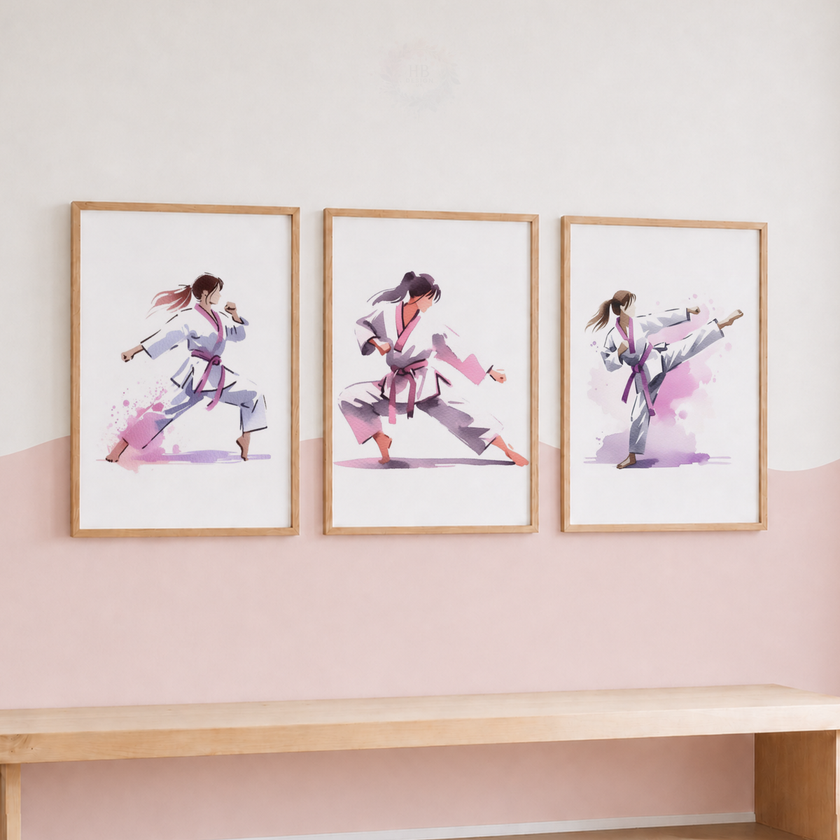 Girls Karate Wall Art Set – Pink Watercolour Martial Arts Prints