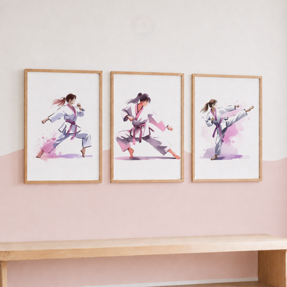 Girls Karate Wall Art Set – Pink Watercolour Martial Arts Prints