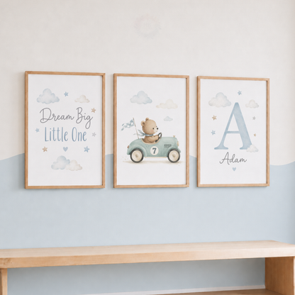 Personalised Teddy Bear Nursery Prints – Set of 3 Blue Racing Car & Name Wall Art