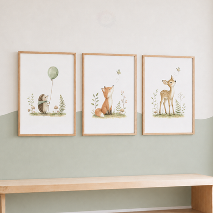 Woodland Animal Nursery Prints – Hedgehog, Fox & Deer Wall Art Set