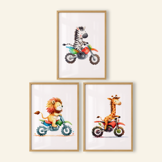 Nursery Safari Animal Bikers - Animal Motorbike Print Set of 3