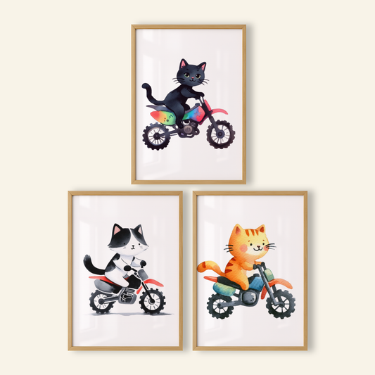 Nursery Cat Bikers - Animal Motorbike Print Set of 3