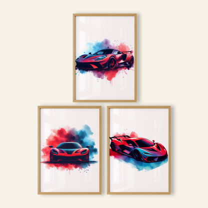 Red & Blue Supercar Print Set - Vehicle Collection Set of 3