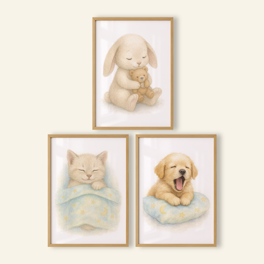 Sleepy Time Print Set - Cute Pets Collection Set of 3
