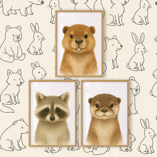 Beaver, Racoon & Otter - Woodland Nursery Print Set of 3