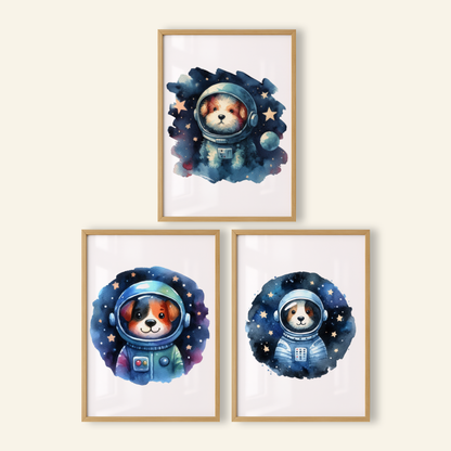 Dog Spaceman Print Set - Nursery Space Collection Set of 3