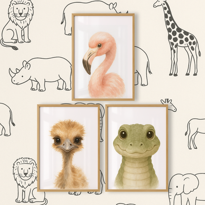 Flamingo, Ostrich & Crocodile - Safari Nursery Print Set of 3