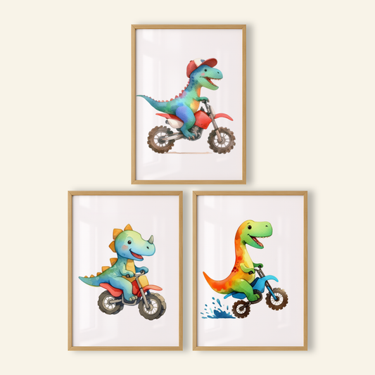 Nursery Dinosaur Bikers - Animal Motorbike Print Set of 3