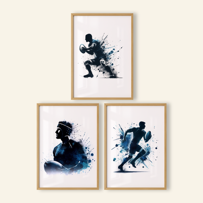 Dark Blue Rugby Players Print Set - Rugby Collection Set of 3