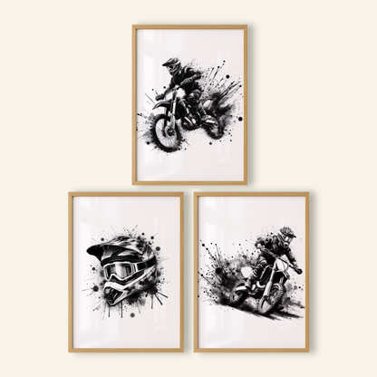 Black Motocross Print Set - Biking & BMX Collection Set of 3