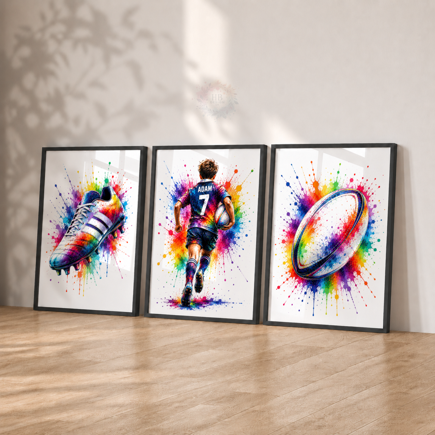 Personalised Rugby Wall Art Print Set – Colourful Custom Name & Number