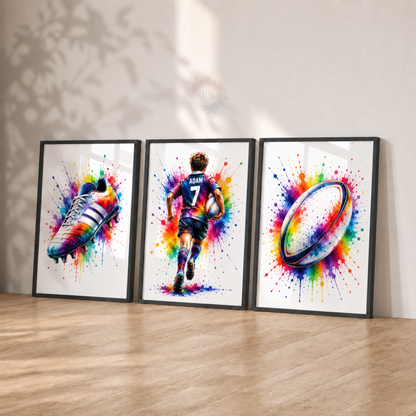 Personalised Rugby Wall Art Print Set – Colourful Custom Name & Number