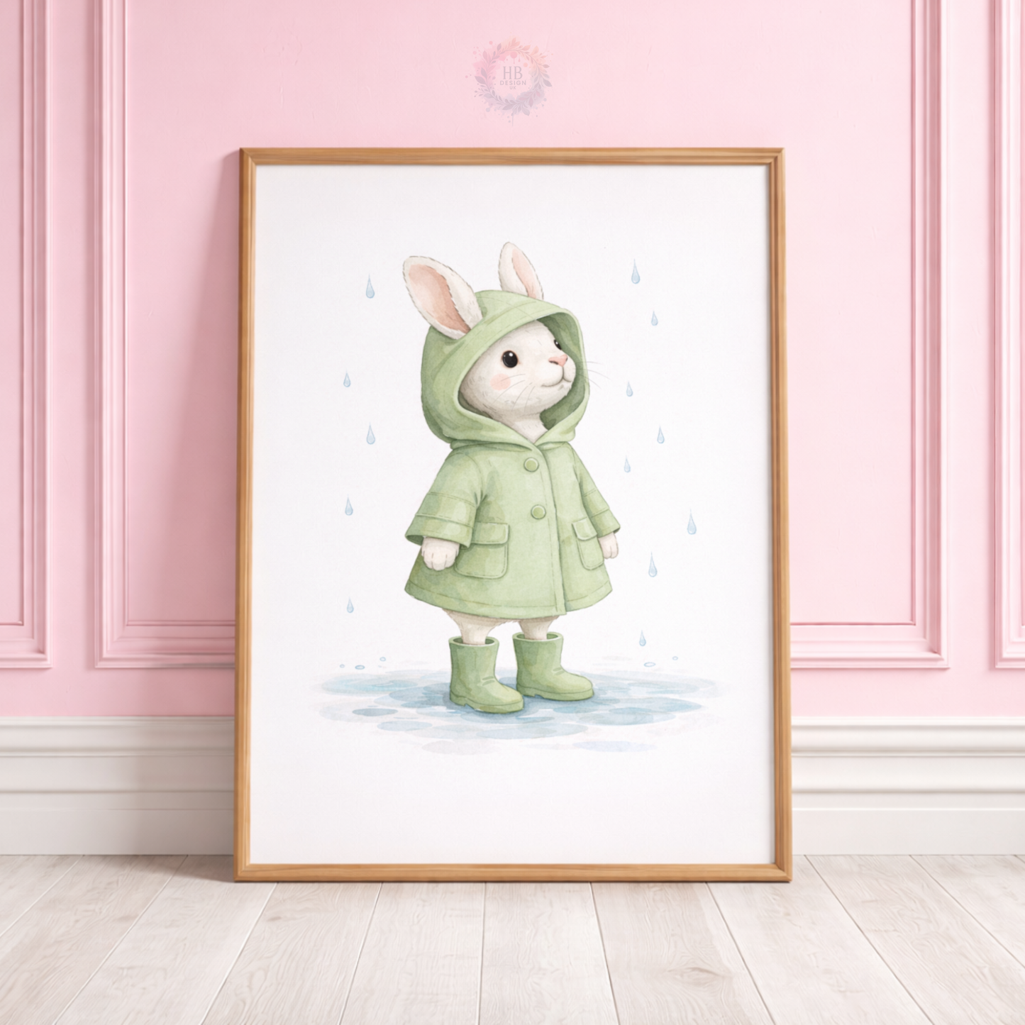 Bunny Nursery Prints Set of 3 – Rainy Day Rabbit Wall Art in Sage Green