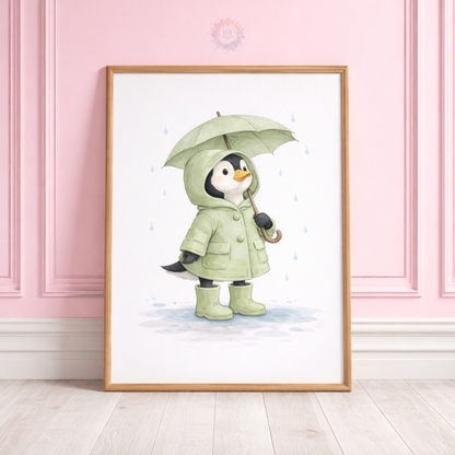Penguin Nursery Prints Set of 3 – Cute Green Rainy Day Animal Wall Art