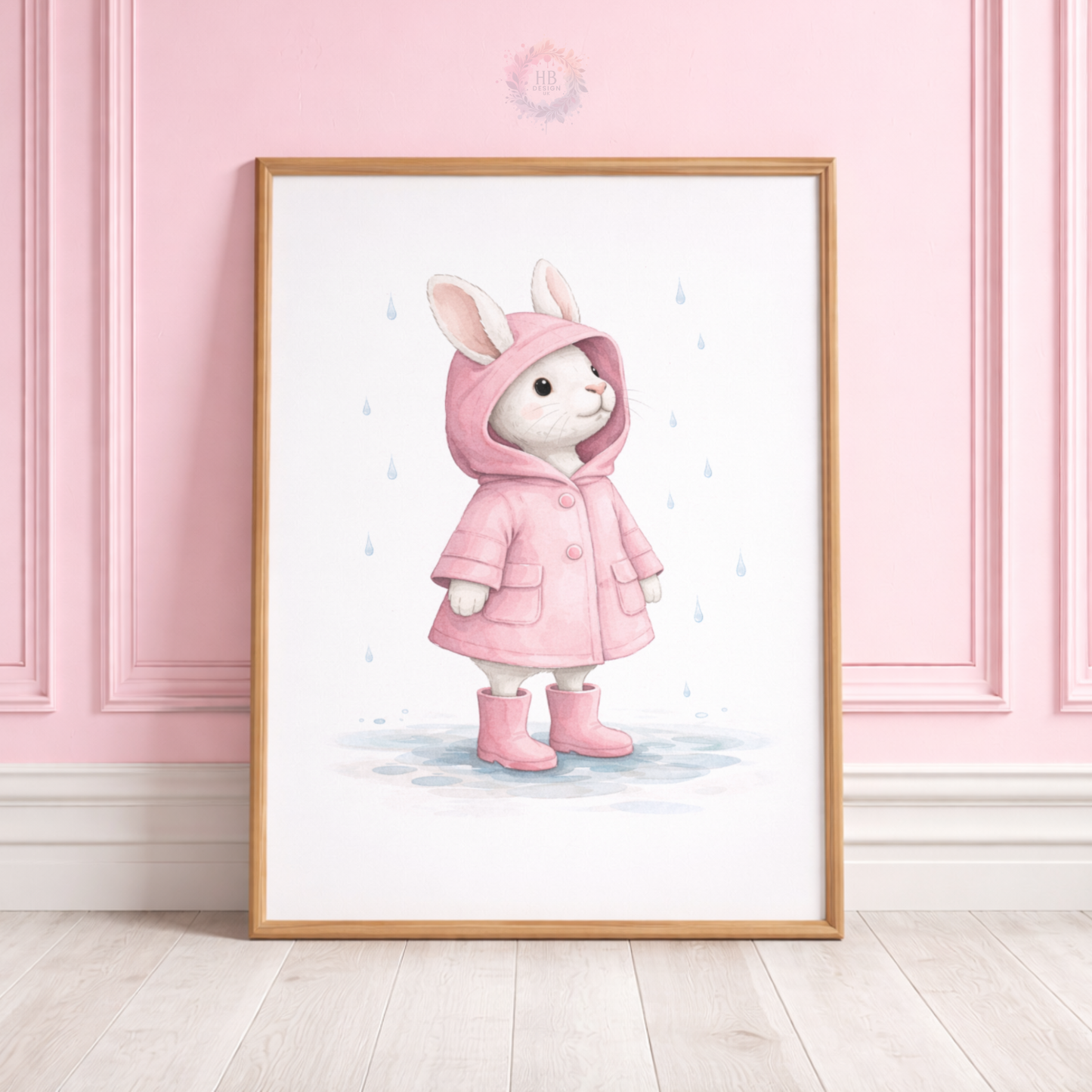 Pink Bunny Nursery Prints Set of 3 – Rainy Day Rabbit Wall Art