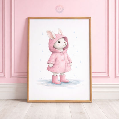 Pink Bunny Nursery Prints Set of 3 – Rainy Day Rabbit Wall Art