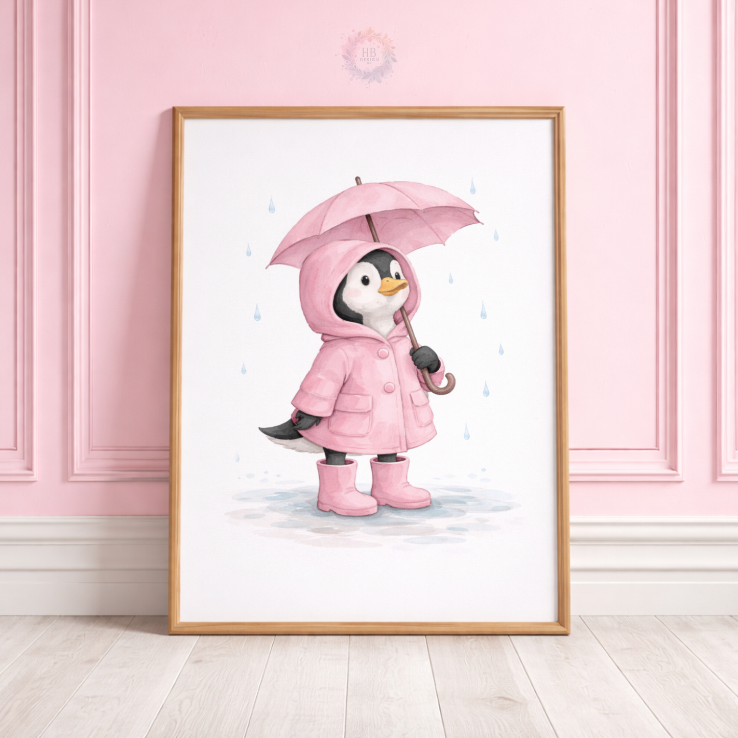Pink Penguin Nursery Prints Set of 3 – Rainy Day Penguin Wall Art