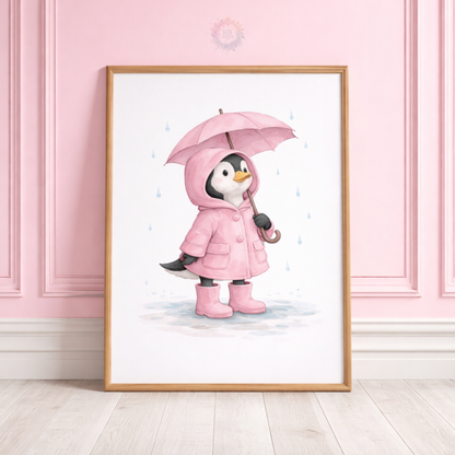 Pink Penguin Nursery Prints Set of 3 – Rainy Day Penguin Wall Art