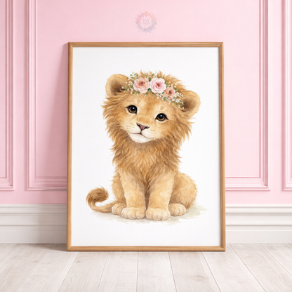 Personalised Pink Safari Nursery Prints – Baby Lion & Tiger Floral Wall Art Set
