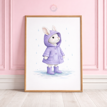Purple Bunny Nursery Prints Set of 3 – Rainy Day Rabbit Wall Art