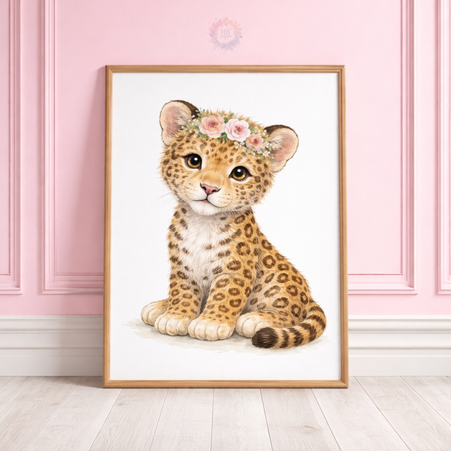 Personalised Pink Safari Nursery Prints – Baby Leopard & Cheetah Floral Wall Art Set