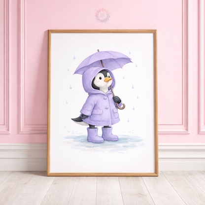 Purple Penguin Nursery Prints Set of 3 – Rainy Day Penguin Wall Art