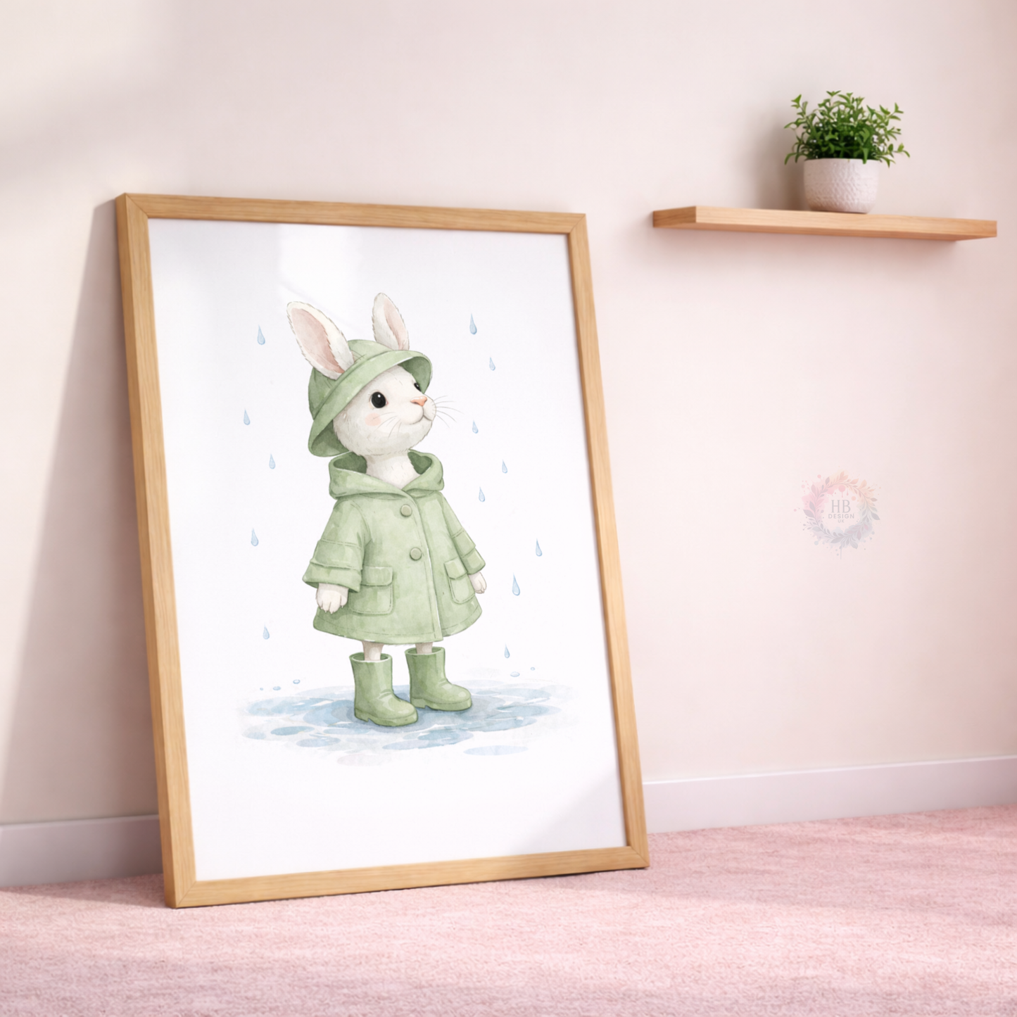 Bunny Nursery Prints Set of 3 – Rainy Day Rabbit Wall Art in Sage Green