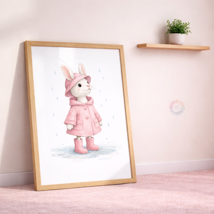 Pink Bunny Nursery Prints Set of 3 – Rainy Day Rabbit Wall Art