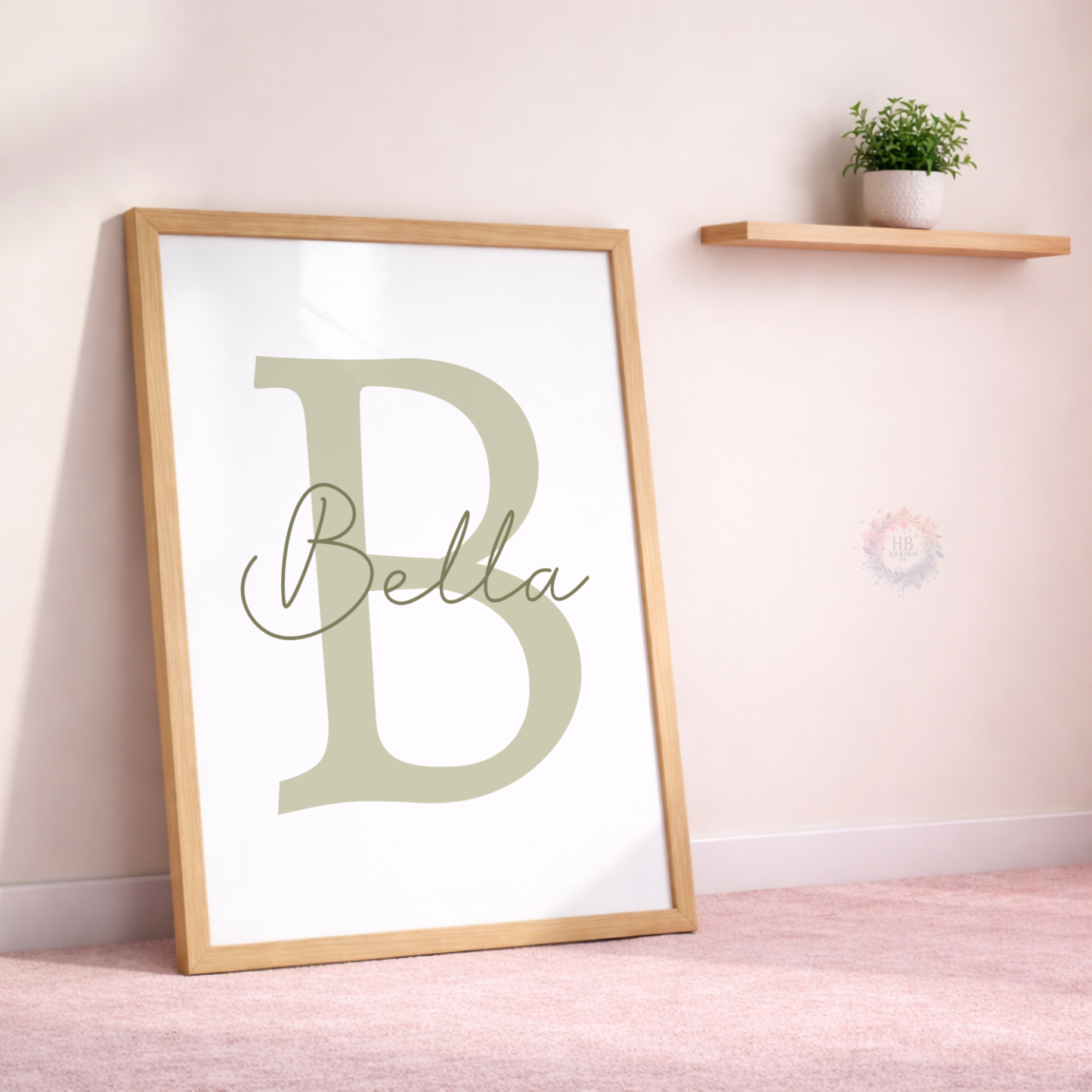 Personalised Sage Green Bow Nursery Prints – Custom Initial & Name Wall Art Set