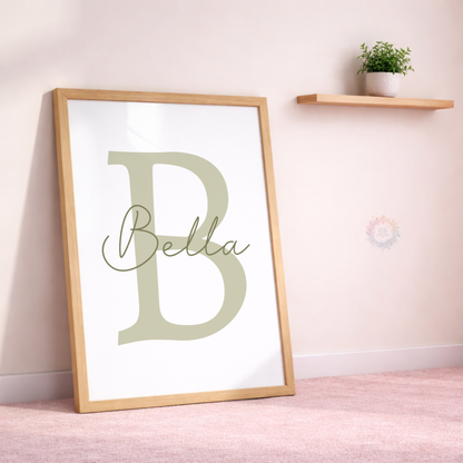 Personalised Sage Green Bow Nursery Prints – Custom Initial & Name Wall Art Set